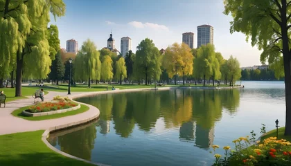 Tuinposter Nice city park by the lake  © ahmad05
