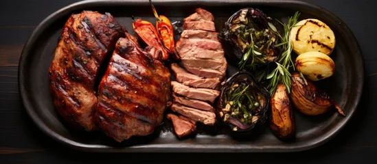 Foto op Canvas A delicious black plate with a serving of pork or beef topped with fresh vegetables, showcased on a rustic wooden table for a food service event © AkuAku