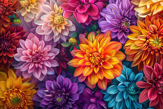 Floral Symphony: Vibrant Oil Painting of Colorful Garden Flowers. Detailed Chrysanthemums and Dahlias in Close-Up View, Capturing Intricate Petals and Vibrant Colors. Fantasy Illustration Style.