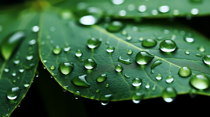 Green leaf with rain drops on it, nature background