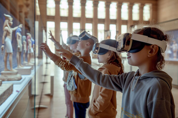 Obraz na płótnie Canvas A group of children, equipped with virtual reality headsets, is immersed in a vivid simulation of an ancient Egyptian temple.