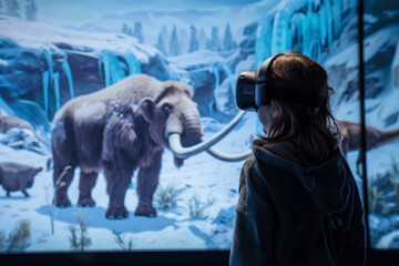 A young, curious child is immersed in a prehistoric world through virtual reality, standing in awe...