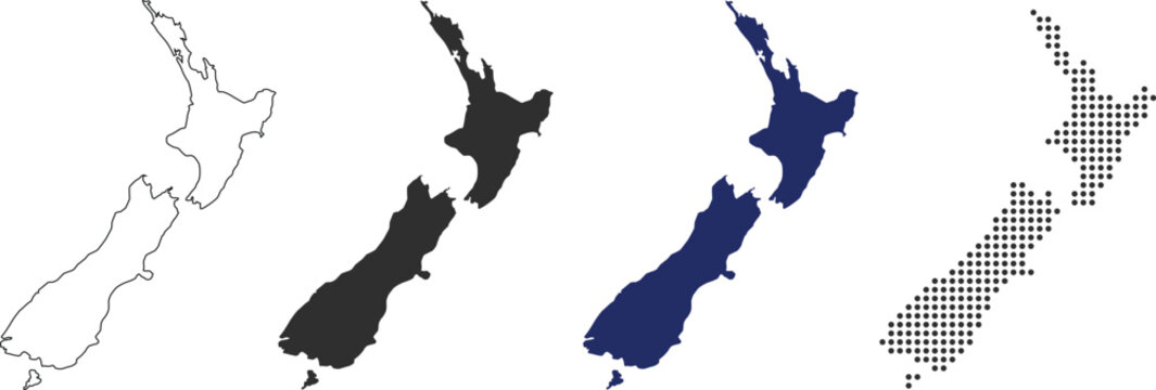 New zealand map in various style outline, black, blue, and dotted