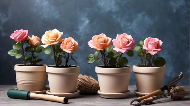 tulips in a pot, mini roses in ceramic flower pots and gardening implements. Tiny roses, springtime gardening, top view,