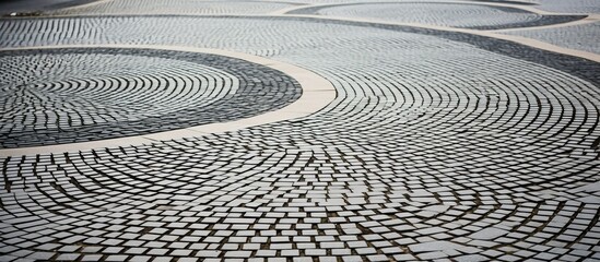 A detailed shot of a circular pattern created by Automotive tires on a grey cobblestone street, highlighting the unique road surface and geometric design