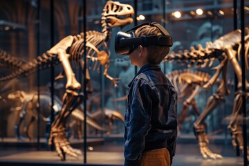 A young, curious child is immersed in a prehistoric world through virtual reality, standing in awe before the towering skeletons of ancient dinosaurs on display. 