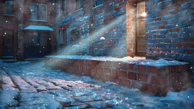 A picturesque scene unfolds as winter's touch graces a brick wall, with scattered snow adding charm to this 4k looping Christmas video background.