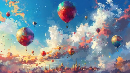 High above cheerful balloons blend into a tapestry of textures each a promise of soaring dreams and boundless horizons - obrazy, fototapety, plakaty