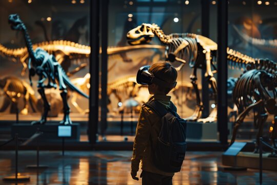 A young, curious child is immersed in a prehistoric world through virtual reality, standing in awe before the towering skeletons of ancient dinosaurs on display.