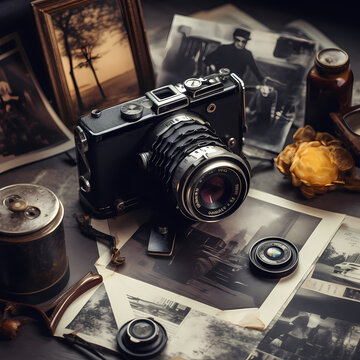 A vintage camera on a table with old photographs.