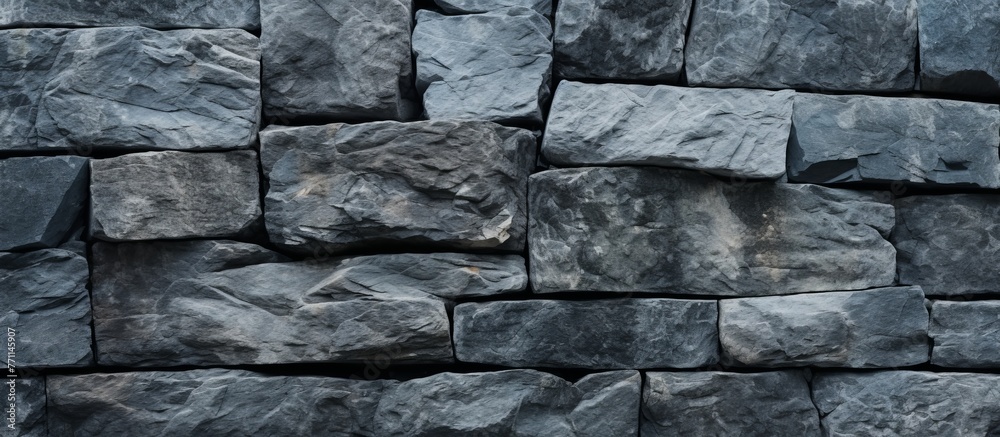 Sticker A closeup of a grey brick wall made of composite materials. The pattern of rectangular black bricks resembles cobblestone, creating a solid bedrocklike structure