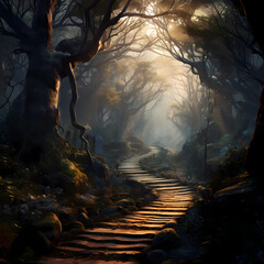 A winding path through a mystical forest.