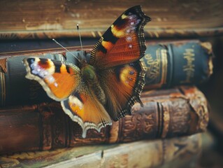 Butterfly on Earth Day themed bookmark, surrounded by old books, warm tones, macro lens