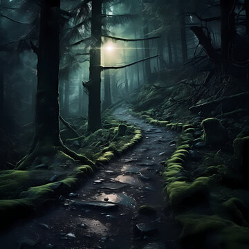 A winding path through a mystical forest.