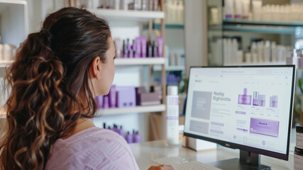 A woman sitting in a hair product office at a desk with a computer.