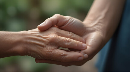 A young hand gently holding an elderly hand, symbolizing support and compassion, helping hands.generative.ai
