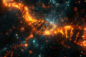 Golden DNA Helix Illuminated by Sparkling Particles in a Dark Microscopic Setting
