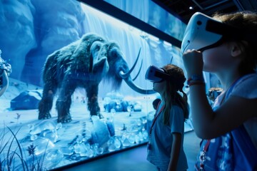 A young, curious child is immersed in a prehistoric world through virtual reality, standing in awe...