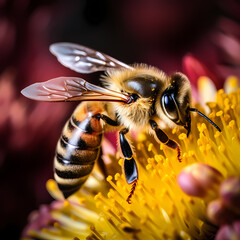 Close-up of a bee pollinating a flower. - obrazy, fototapety, plakaty