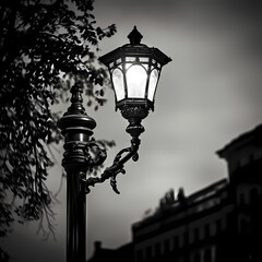 Fototapeta na wymiar A black and white image of an old-fashioned street lamp