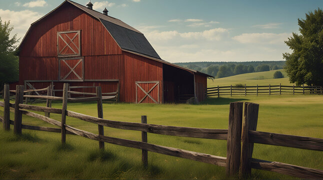 Farm background with barn and wooden fence. Rural landscape farmyard. Summer outdoor backdrop.generative.ai