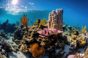 coral reef and fishes.