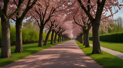 Fototapeta premium beautiful pink flowering cherry tree avenue in Holzweg, Magdeburg, Saxony-Anhalt, Germany, footpath under sunny arch of cherry blossoms.generative.ai