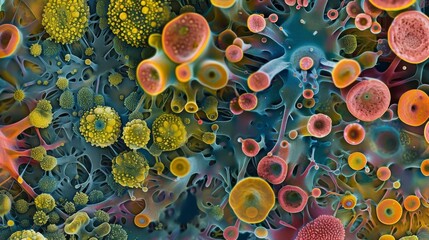 Like a field of blooming flowers this bacterial biofilm showcases a spectrum of colors and patterns that highlight the artistic beauty - obrazy, fototapety, plakaty