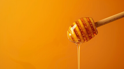 Honey dripping from a wooden stick isolated on a yellow background, Honey dripping from honey dipper isolate. Thick honey dipping from the wooden honey spoon. Healthy food and diet, bee - obrazy, fototapety, plakaty