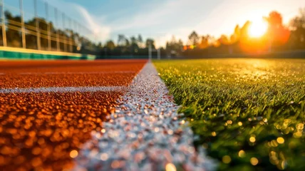 Tuinposter Sunset glow on a running track field - A dazzling sunset envelopes an athletic running track, highlighting the vibrant track lines and lush green grass © Tida