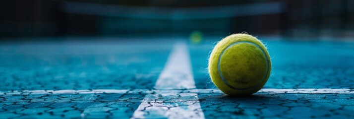 Tennis ball on a blue cracked court - A lone, yellow tennis ball rests on the painted blue surface of a hard tennis court with white lines - obrazy, fototapety, plakaty