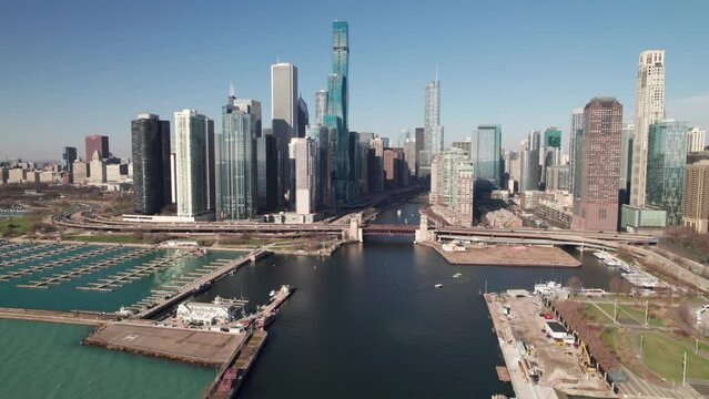 Aerial shot of Chicago's Waterfront, mouth of the Chicago River, 4K