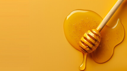 Honey dripping from a wooden stick isolated on a yellow background, Honey dripping from honey dipper isolate. Thick honey dipping from the wooden honey spoon. Healthy food and diet, bee - obrazy, fototapety, plakaty