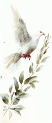 Graceful white dove carrying an olive branch, symbolizing peace in a delicate Japanese style watercolor, isolated on white , high resolution DSLR, 8K, high detailed, super detailed , ultra HD, 8K reso