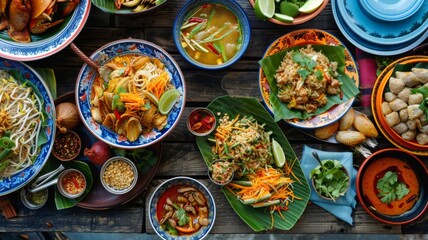 Aerial view of assorted Thai dishes on a table - This image captures an array of Thai cuisine spread on a wooden table with plates and bowls filled with various dishes - obrazy, fototapety, plakaty