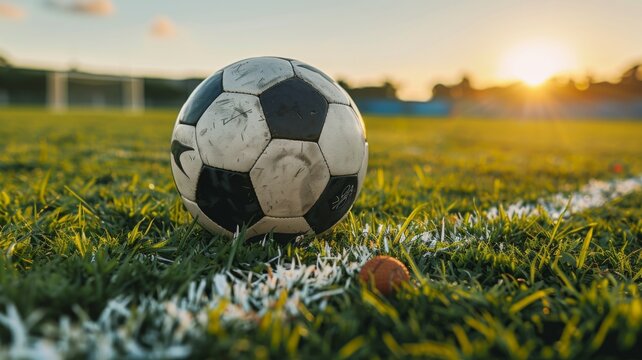 Soccer ball on grass with sunset background - A stunning image of a well-used soccer ball on the grass field during a captivating sunset