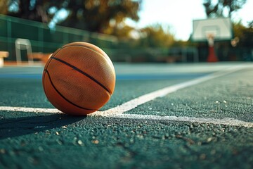 Basketball on outdoor court near basketball hoop - Vibrant detailed image showing a basketball on an outside court with a view of the hoop in the background - obrazy, fototapety, plakaty