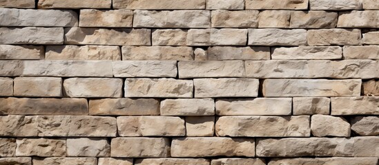 Fototapeta premium A detailed closeup of a brown brick wall showcasing the rectangular bricks in a beige pattern. The composite material gives the appearance of a stone wall with a textured rocklike surface