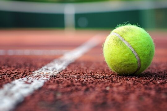 Tennis ball on the line at a clay court - A tennis ball sits precisely on the line of a clay tennis court, signaling a critical moment in a tennis match