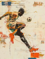 Abstract soccer player kicking ball, vibrant art - Abstract colorful artwork of a soccer player in mid-kick, merging sports dynamics with artistic expression