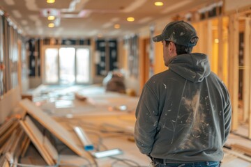 Fototapeta premium Back view of Professional man interior renovation crew at house.