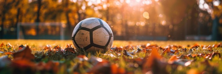 Deflated soccer ball on autumn leaves - Striking image of a deflated soccer ball on a field covered with autumn leaves, evoking a sense of nostalgia - obrazy, fototapety, plakaty
