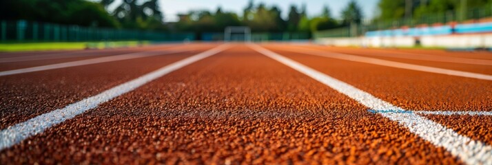 Perspective of a running track in the daylight - A vibrant perspective shot of an empty running track highlighting the lane lines and the texture of the track