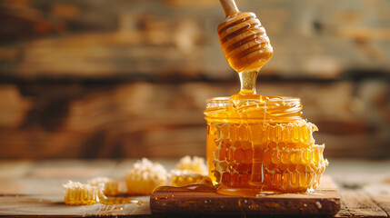 Honey and honeycomb on a wooden background, a jar of natural organic honey with a stick dripping from it in a closeup, jar of honey with honeycom, Glass bowl of honey with honey dipper isolated. - obrazy, fototapety, plakaty