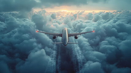 Fototapeta premium Airplane overtaking clouds, utilizing rear curtain sync for dynamic motion effect, editorial photography