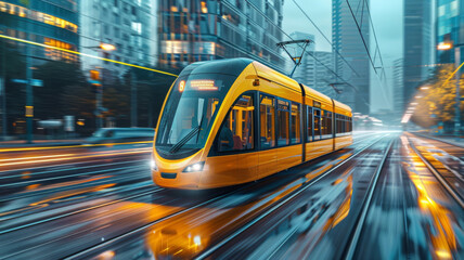 Tram overtaking in cityscape, dynamic motion effect achieved with rear curtain sync, editorial - obrazy, fototapety, plakaty