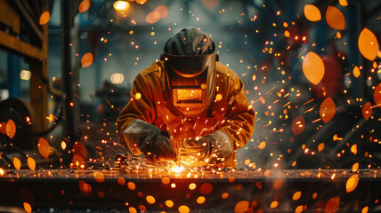 Welder performing intricate metalwork under bright sparks
