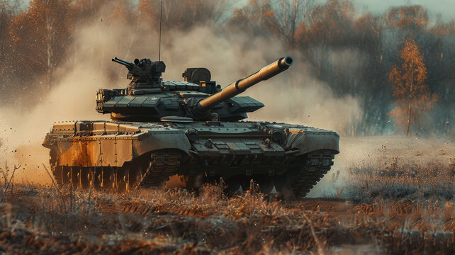Tank overtaking in a field exercise, dynamic motion effect with rear curtain sync, editorial