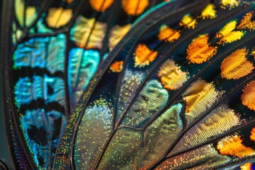 Close-up of butterfly wings, intricate patterns, vibrant and iridescent colors