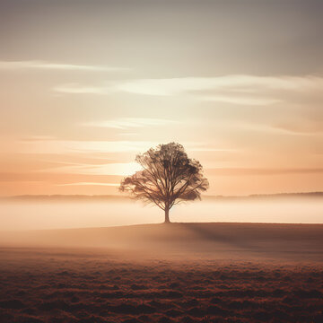 A solitary tree in a fog-covered field at sunrise. 